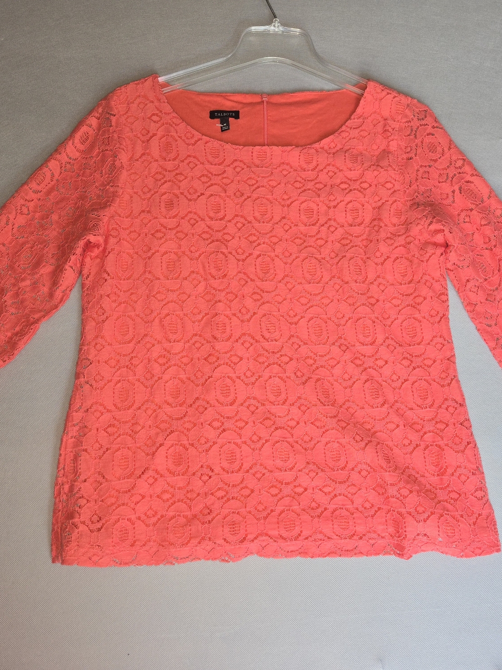 Talbots Coral Pink Lace Top Size M Excellent Condition 3/4 Sleeve Lined Blouse